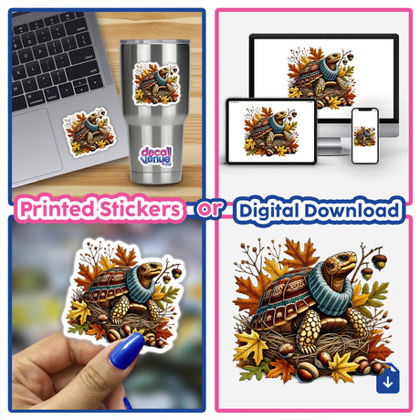 Autumn Turtle in Cozy Turtleneck - Artistic digital artwork featuring a cozy turtle surrounded by autumn leaves and acorns, available as printed stickers or digital download from DecalVenue online store.