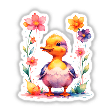 Cute cartoon duckling surrounded by blooming flowers, available as stickers or digital artwork, reflecting Decal Venue's unique vinyl and digital art offerings.