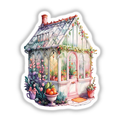 Fairy Tale Cottage Sticker features a whimsical house illustration adorned with flowers, oranges, and a pink-framed window, capturing a charming, storybook essence available as stickers or digital artwork.