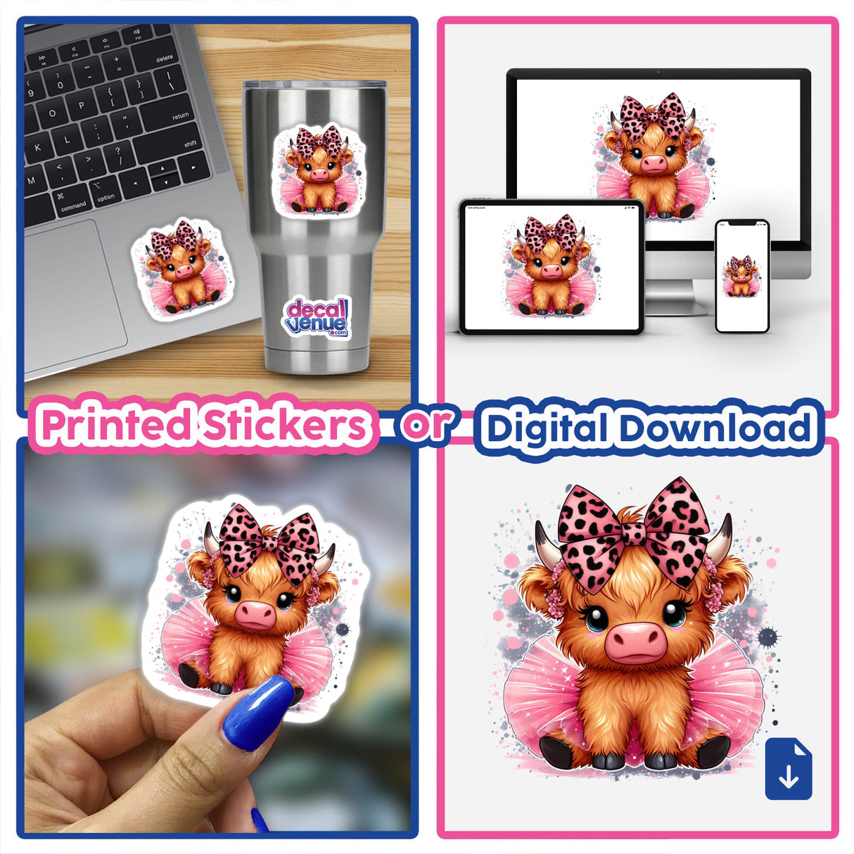 Cute Highland cow with leopard bow and pink tutu featured on multiple products, including sticker, digital download, and responsive device display.