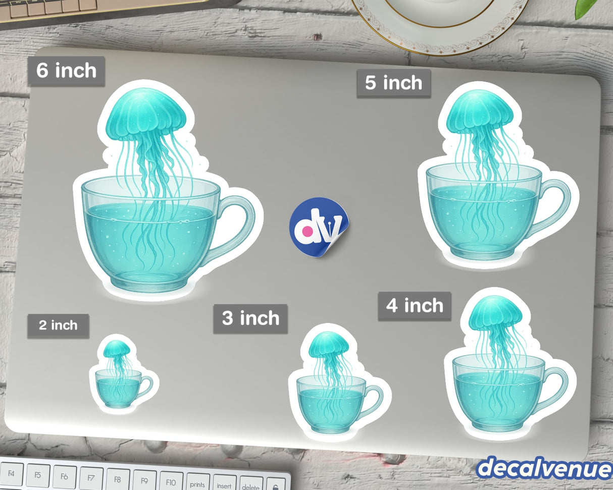 Whimsical Jellyfish Floating in a Teacup vinyl stickers, displayed in various sizes on a laptop lid. Includes a small dv logo and decalvenue branding, showcasing Decal Venue's unique sticker artistry.