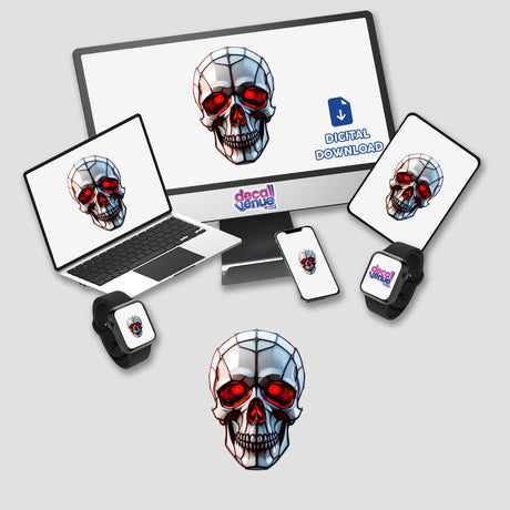 Skull Stained Glass Style artwork displayed on computer monitor and laptop screens, featuring skulls with red eyes. Available as stickers or digital artwork from Decal Venue.