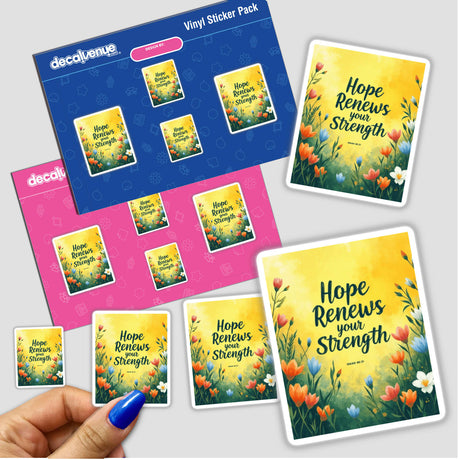 Hand holding a Fauvist Spring Crocus “Hope Renews Your Strength” Isaiah 40:31 sticker pack from Decal Venue, showcasing vibrant floral designs reflecting renewal and strength. Available as stickers or digital artwork.
