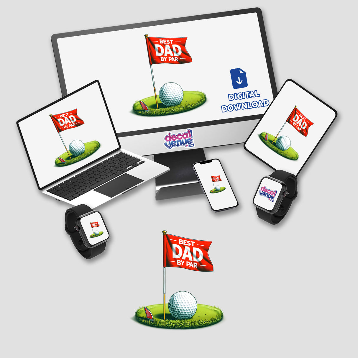 Golf Best Dad by Par digital artwork featuring a computer monitor, laptop, and smartwatches displaying golf-themed images, available as stickers or digital downloads.