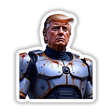 Futuristic President Donald Trump depicted in armor, showcasing a serious expression, available as unique stickers or digital artwork from Decal Venue.
