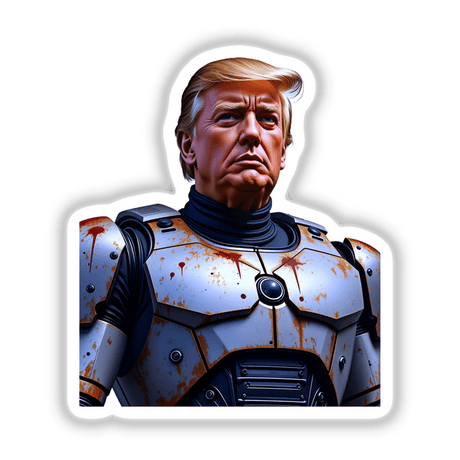 Futuristic President Donald Trump depicted in armor, showcasing a serious expression, available as unique stickers or digital artwork from Decal Venue.