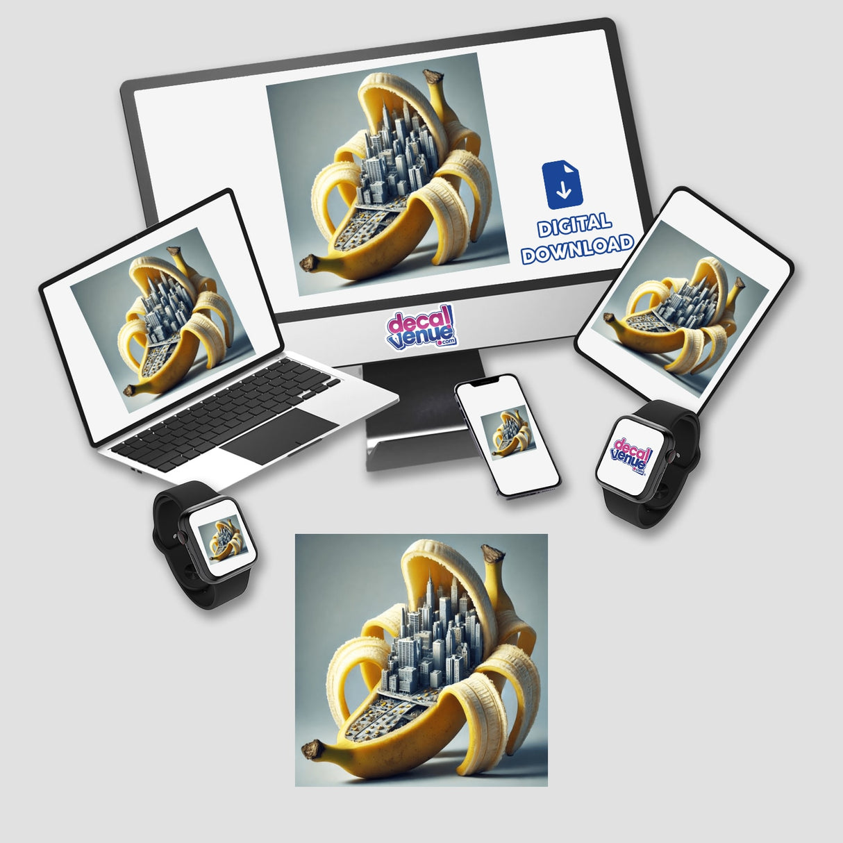 Urban Jungle Cityscape Inside a Banana: A digital artwork featuring a city model creatively embedded within a banana peel, displayed on a laptop and monitor. Available as stickers or digital artwork.