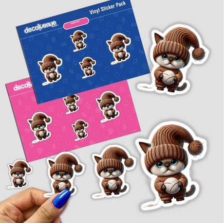 Adorable Burmese cat gnome stickers holding a ball of yarn, featured on a vibrant vinyl sticker pack from Decal Venue, an online store selling unique digital artwork and stickers.