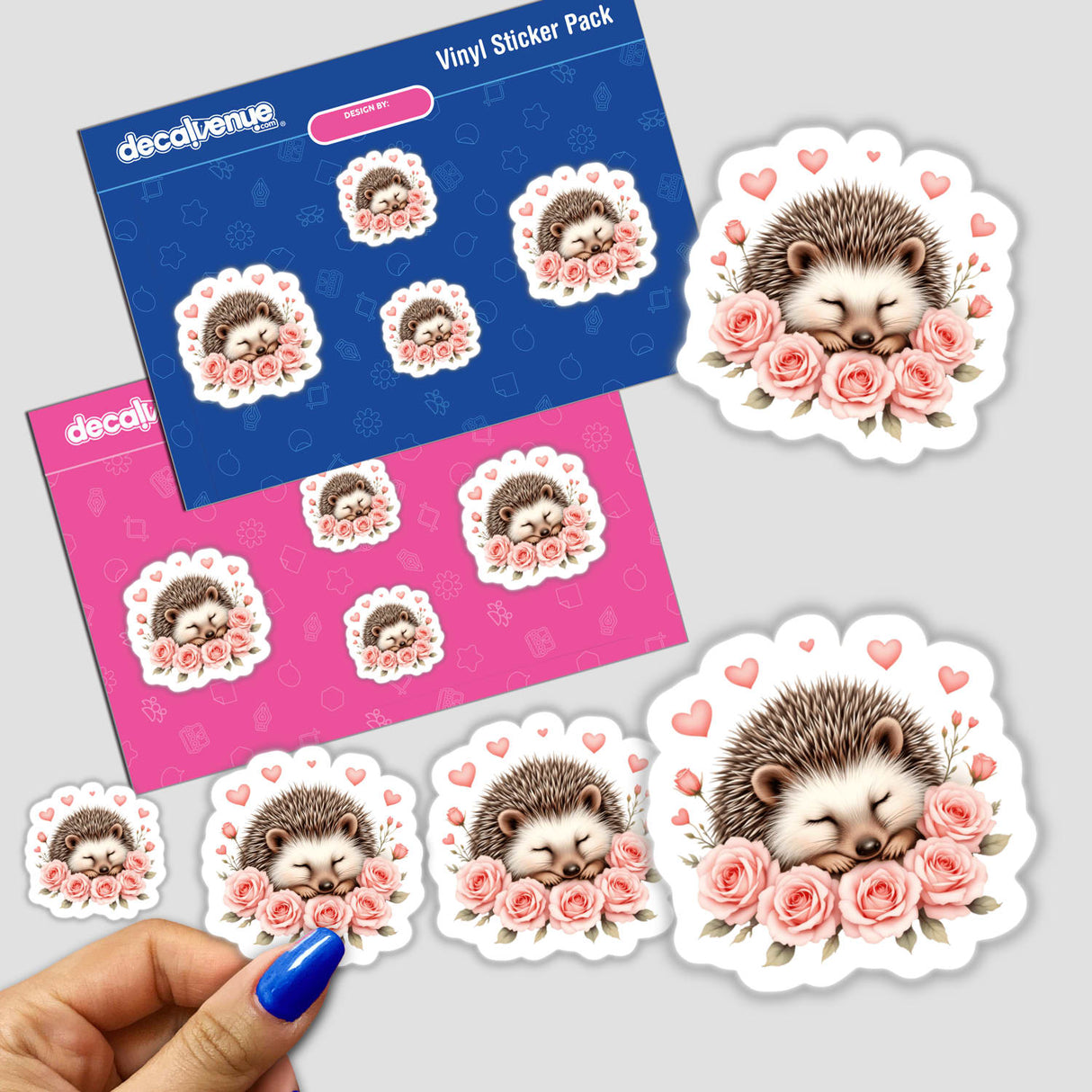 Sleeping Hedgehog with Hearts and Roses stickers feature a hedgehog nestled among flowers, ideal for adding charm to any space with unique vinyl art from Decal Venue.