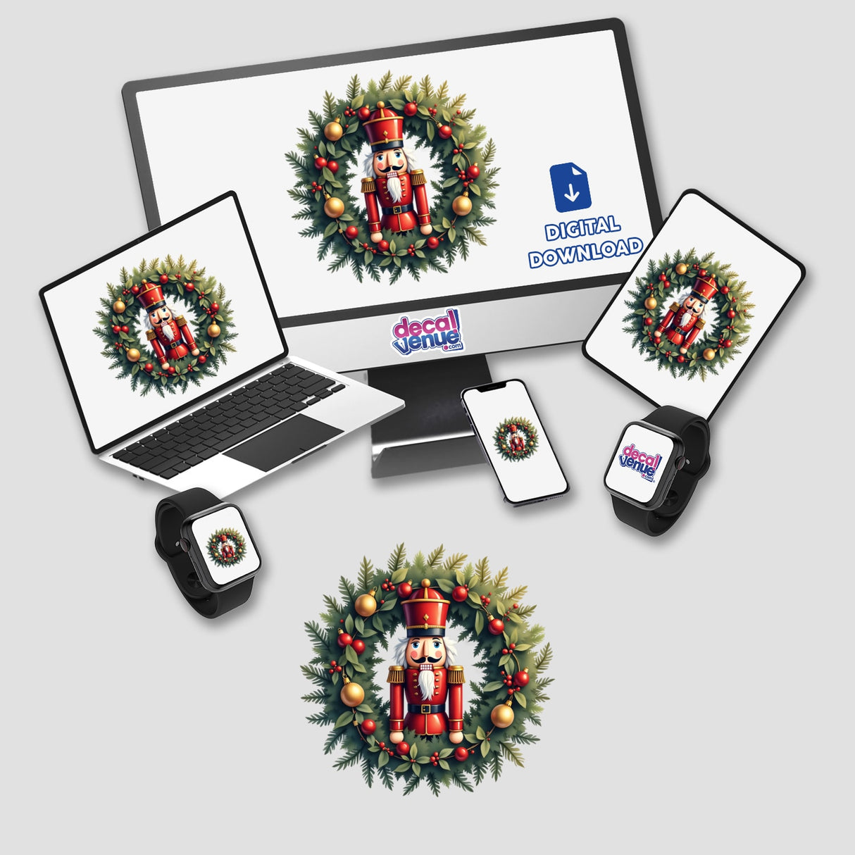 Nutcracker Soldier in a Christmas Wreath displayed on a computer monitor and laptop, available as stickers or digital artwork, showcasing Decal Venue's unique offerings in digital art and stickers.