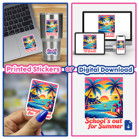 Collage featuring a laptop adorned with a School's Out For Summer Quote sticker, highlighting unique vinyl stickers and digital artwork available at Decal Venue.