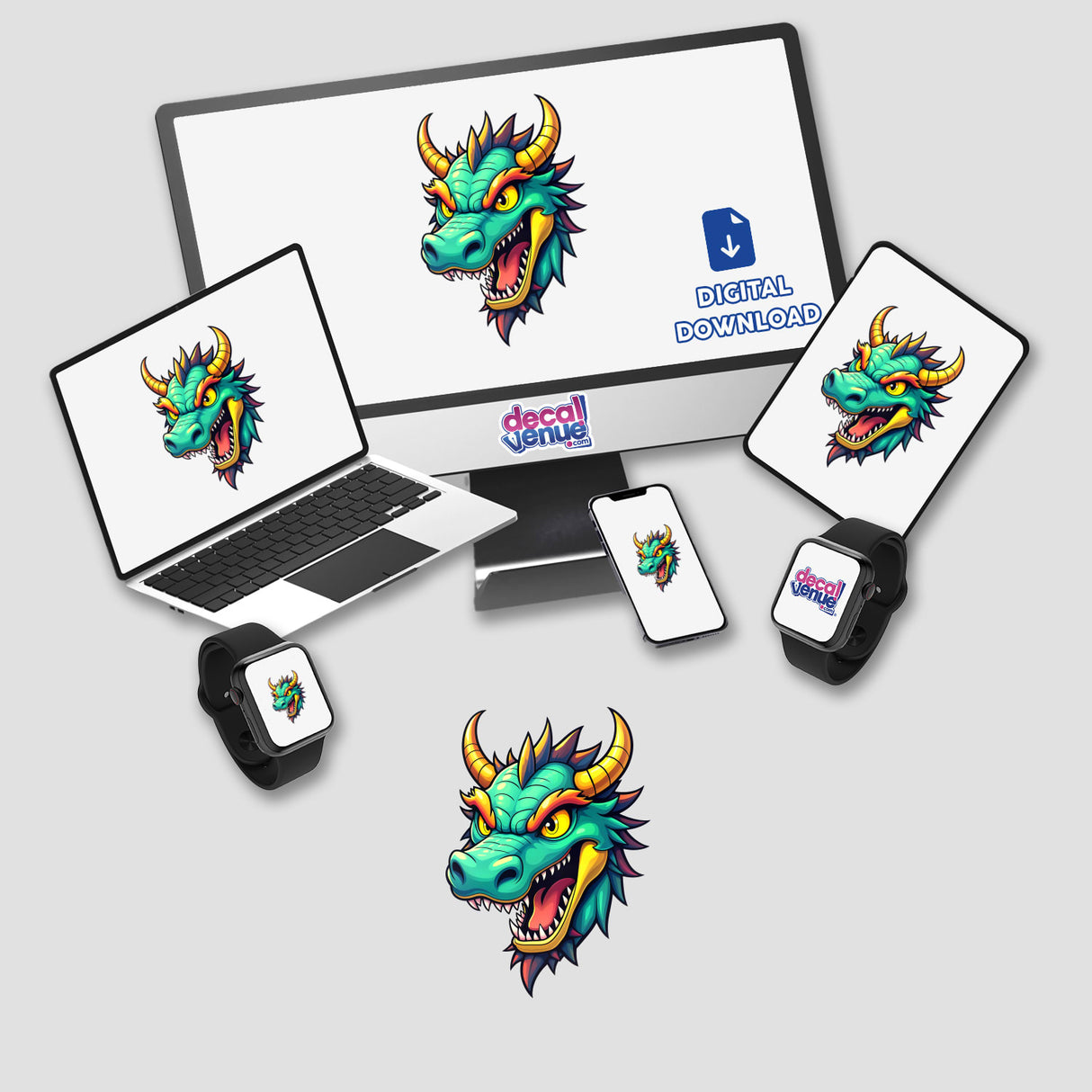 A Cool Fantasy Dragon depicted on computer and laptop screens, showcasing intricate digital artwork, available as stickers or digital art from Decal Venue.