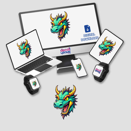 A Cool Fantasy Dragon depicted on computer and laptop screens, showcasing intricate digital artwork, available as stickers or digital art from Decal Venue.