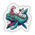 Sticker titled Baleia Fantasia featuring a cartoon whale with a whimsical city on its back, available as stickers or digital artwork.