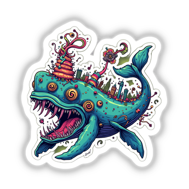Sticker titled Baleia Fantasia featuring a cartoon whale with a whimsical city on its back, available as stickers or digital artwork.