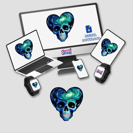 a computer, laptop, and other electronic devices with a skull sticker on them