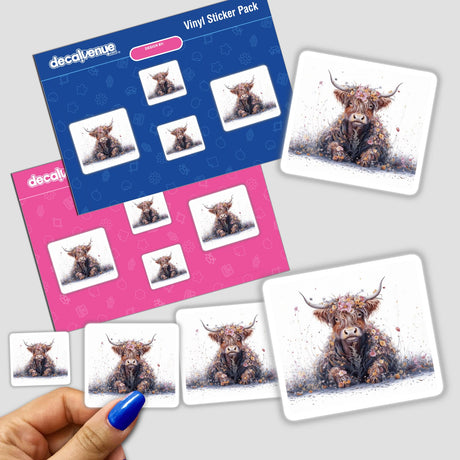 Majestic Highland Cow with Flowers in Meadow