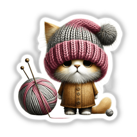 Cat Gnome with Ball of Yarn: A cartoon cat wearing a knitted hat and sweater, sitting beside a ball of yarn with needles. Available as stickers or digital artwork.