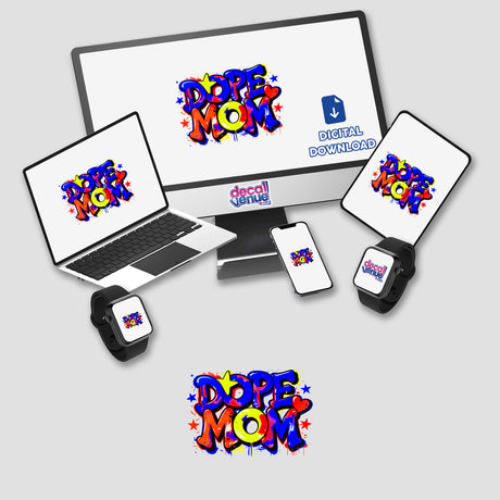 Dope Mom digital artwork featuring a computer monitor, laptop, and phone, capturing vibrant graffiti style. Available as vinyl stickers or digital art from Decal Venue.