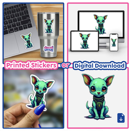 Printed stickers and digital download options featuring a cute green dog in a space outfit, displayed on various devices and items.