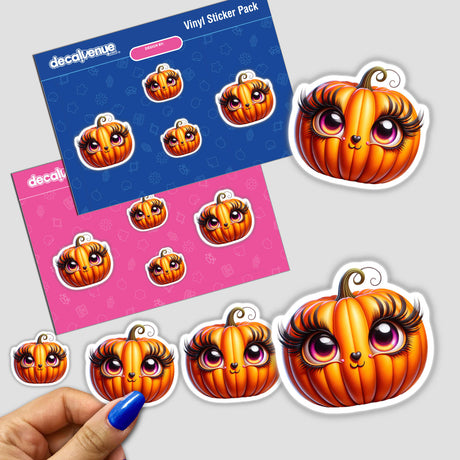 Pumpkin with Eyelashes sticker featuring a cute cartoon pumpkin with expressive eyes and eyelashes, perfect for autumn decor or festive projects from Decal Venue.