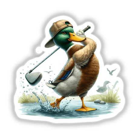 Mallard duck golfer swinging club in water, wearing hat and holding golf club