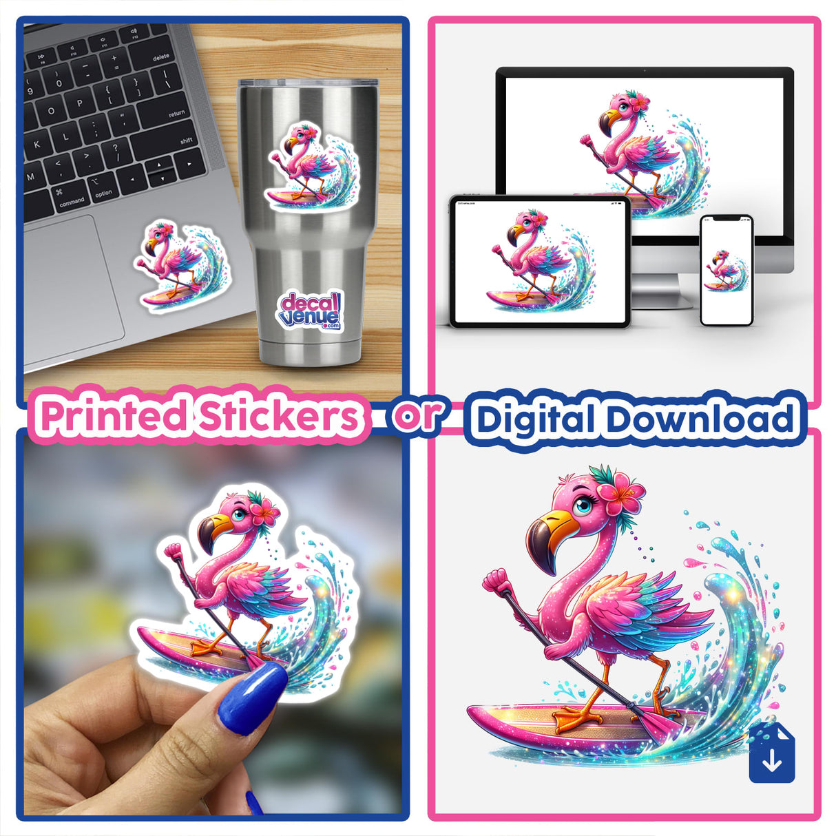 Colorful digital artwork of a flamingo paddle boarding on a surfboard. The product image shows the design applied to various surfaces, including a laptop, phone, and cup. The vibrant flamingo figure is surrounded by splashes of water, creating a dynamic and playful scene.