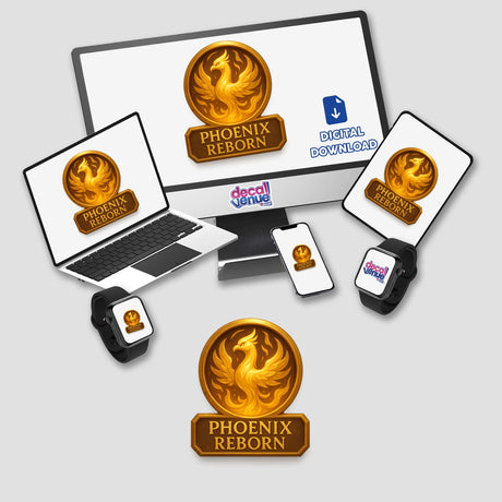 Phoenix Reborn – RPG-Style Skill Badge (Gold Flame Crest) featuring intricate flame design, available as stickers or digital artwork. Perfect for game enthusiasts seeking unique decor from Decal Venue.