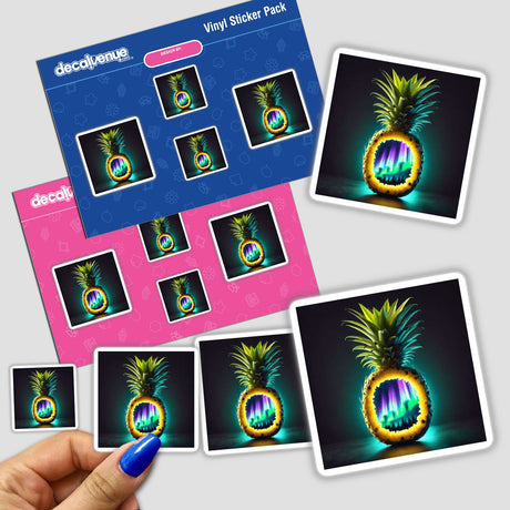 Hand holding a sticker titled Aurora in the Tropics Northern Lights Inside a Pineapple, showing a pineapple with a rainbow light inside. Available as stickers or digital artwork.