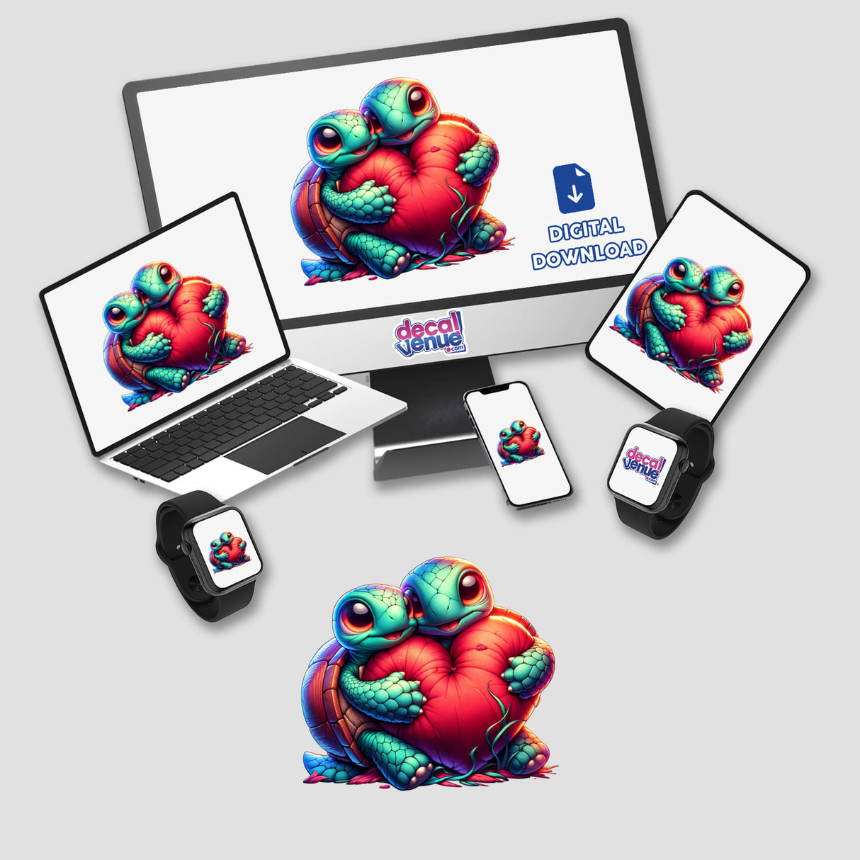 Turtle Lovebirds Cuddling a Heart Pillow features two turtles embracing a heart, ideal for stickers or digital art from Decal Venue, symbolizing love and togetherness.