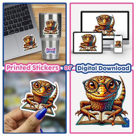 Skink Lizard With Reading Glasses Open Book depicted as a whimsical cartoon sticker or digital artwork, featuring a lizard engrossed in reading, embodying Decal Venue's unique vinyl sticker and digital art offerings.