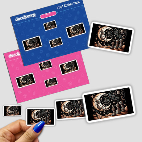 Stickers featuring Kokopelli hanging out with the moon, along with whimsical images of people, rabbits, and aliens. A hand with blue nail polish holding one of the stickers.