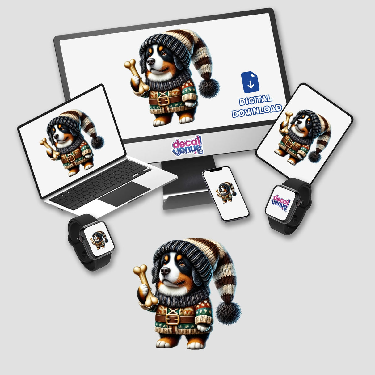Adorable Bernese Mountain Dog Gnome Holding Bone, Digital Artwork by DecalVenue