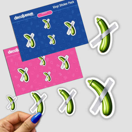 Zucchini Duct Tape Art sticker featuring a zucchini wrapped in tape, designed as a quirky and unique piece, available as both a sticker and digital artwork.
