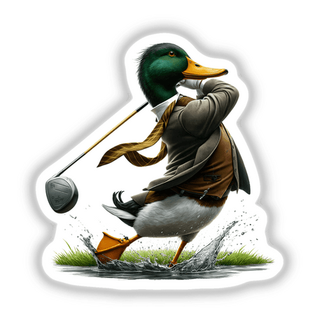 Mallard Duck Golfer Swinging Club II - Whimsical digital artwork featuring a duck dressed in golfing attire swinging a golf club on a grassy field.