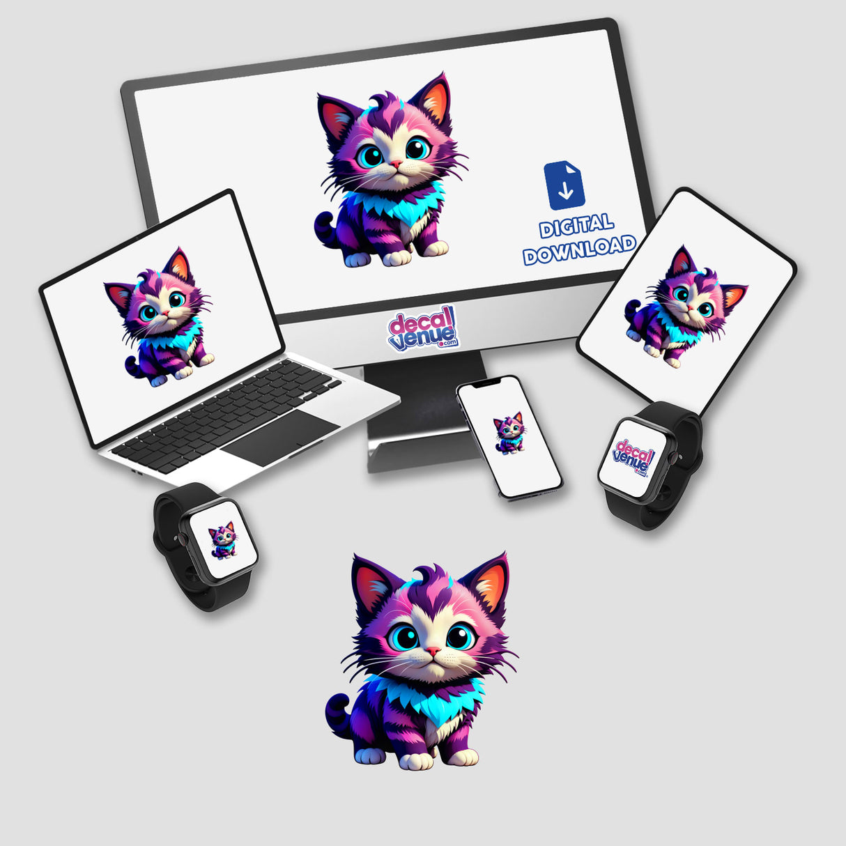 Cute Little Kitten digital artwork displayed on multiple devices, featuring a cartoon cat with blue eyes. Available as stickers or digital art from Decal Venue.