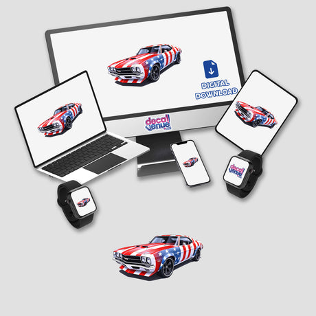 A Cool American Flag Muscle Car displayed on a computer monitor and laptop screen, available as stickers or digital artwork, emphasizing its unique design from Decal Venue.