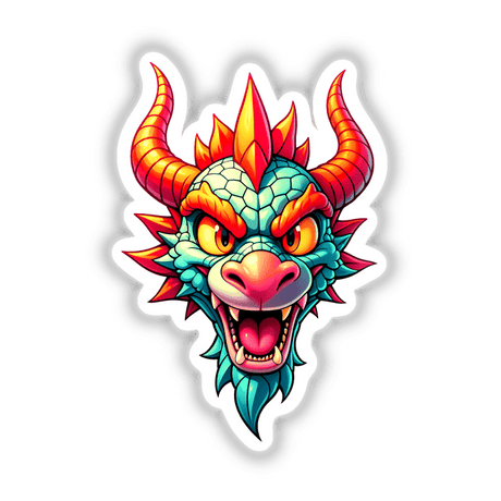 A Cool Fantasy Dragon cartoon head, available as vibrant stickers or digital artwork, showcasing intricate graphic design. Perfect for fans of unique vinyl creations at Decal Venue.