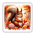 Squirrel in an Autumn Forest Watercolor Illustration featuring a squirrel amidst flowers and butterflies, available as stickers or digital artwork.