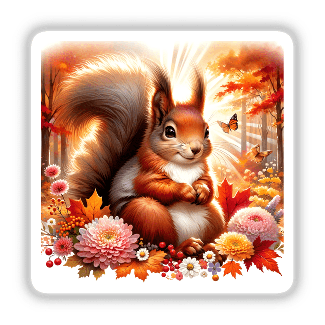 Squirrel in an Autumn Forest Watercolor Illustration featuring a squirrel amidst flowers and butterflies, available as stickers or digital artwork.