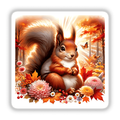 Squirrel in an Autumn Forest Watercolor Illustration featuring a squirrel amidst flowers and butterflies, available as stickers or digital artwork.