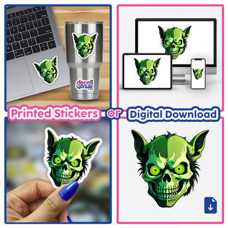 Collage featuring a Hybrid Human Dog Skull sticker, shown on various surfaces like a laptop and cup, reflecting Decal Venue's unique vinyl sticker and digital art offerings.