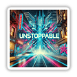Unstoppable Cyberpunk Graffiti Sticker or Clipart, showcasing edgy urban art with a motivational message, available as stickers or digital artwork with commercial rights. Perfect for adding a dynamic touch.