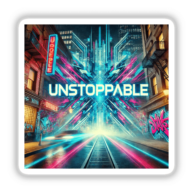 Unstoppable Cyberpunk Graffiti Sticker or Clipart, showcasing edgy urban art with a motivational message, available as stickers or digital artwork with commercial rights. Perfect for adding a dynamic touch.