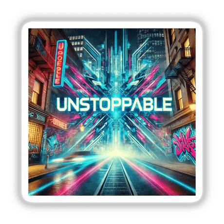 Unstoppable Cyberpunk Graffiti Sticker or Clipart, showcasing edgy urban art with a motivational message, available as stickers or digital artwork with commercial rights. Perfect for adding a dynamic touch.