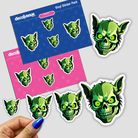 Hybrid Human Dog Skull stickers, showcasing green skull designs with yellow eyes, available as unique vinyl decals or digital artwork. Perfect for adding a unique flair to surfaces.