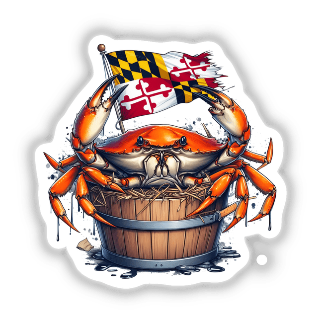 Maryland Crab in a Bushel Bucket illustration: A stylized orange-red crab perches on a straw-filled wooden bushel, with a Maryland flag behind. Available as stickers or digital artwork from Decal Venue.
