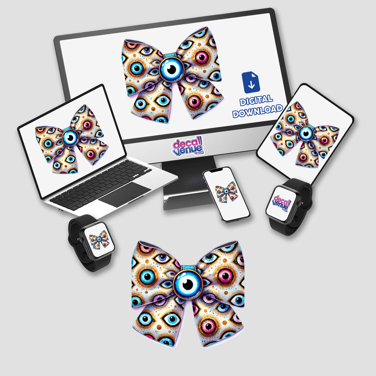 Vibrant digital artwork with eye-catching Evil Eye pattern Coquette bow design. Showcased on various electronic devices including laptops, smartphones, and smartwatches, highlighting the versatility of this unique sticker or digital download from the Decal Venue store.