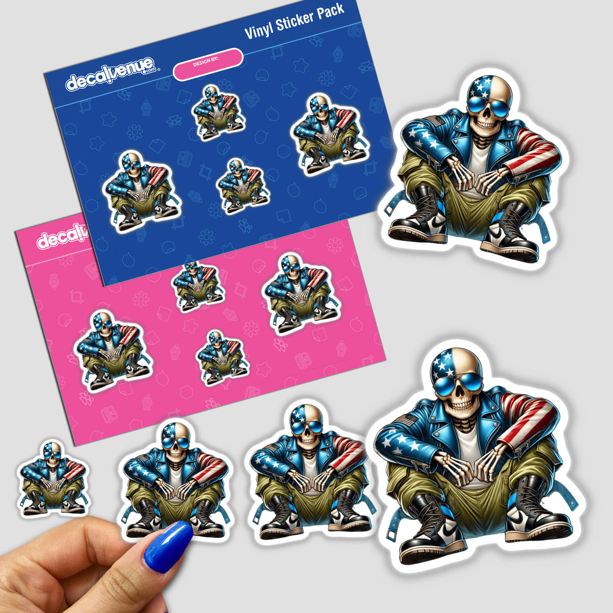 Patriotic leather skeleton aviator sunglasses, a set of vibrant digital stickers featuring detailed skull and skeleton designs in American flag colors, presented on a Decal Venue branded vinyl sticker pack.