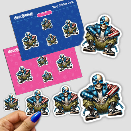 Patriotic leather skeleton aviator sunglasses, a set of vibrant digital stickers featuring detailed skull and skeleton designs in American flag colors, presented on a Decal Venue branded vinyl sticker pack.